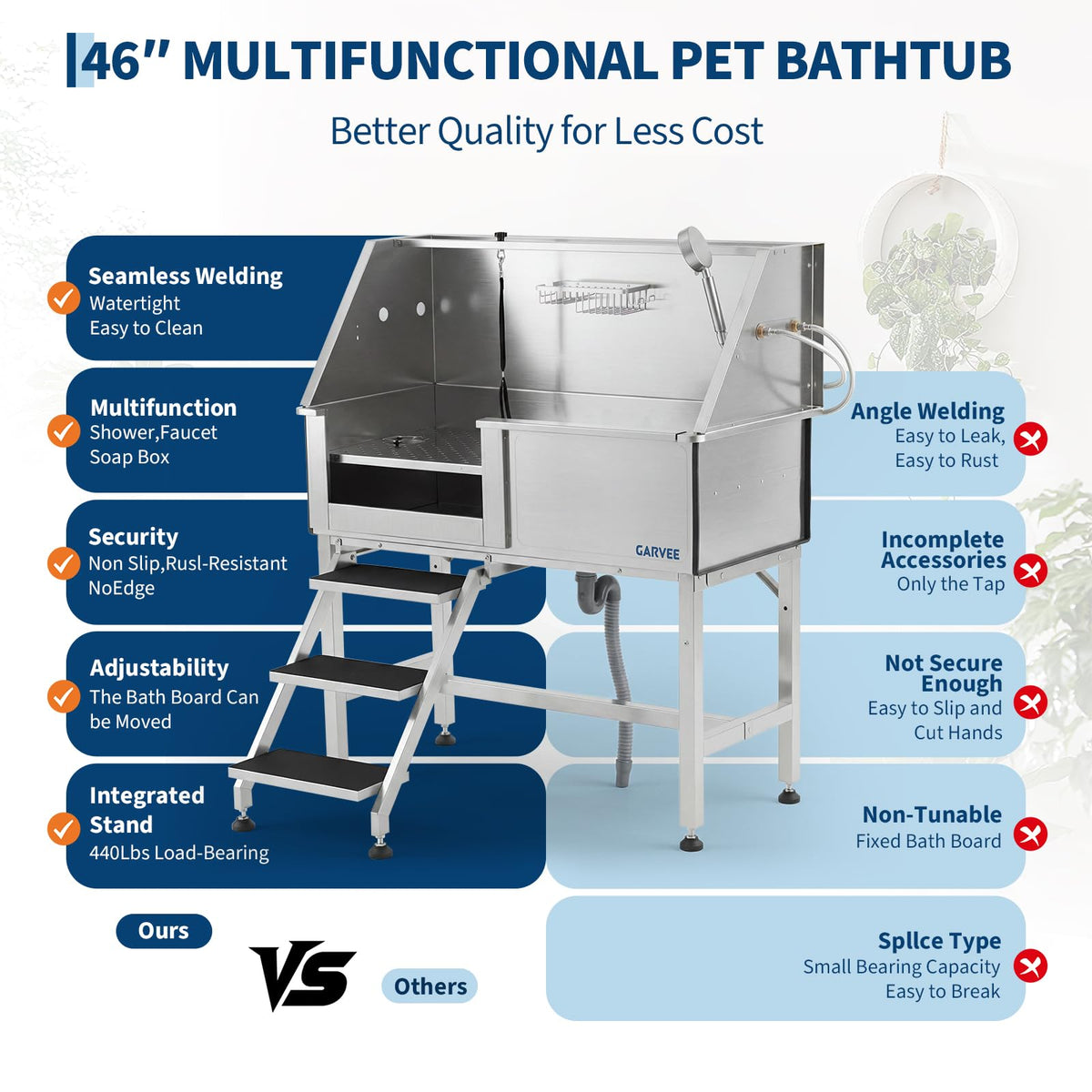 46 Inch Stainless Steel Dog Washing Station with Access Stairs B196