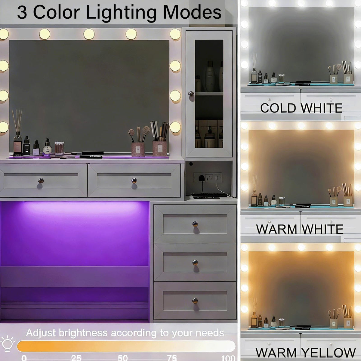 White Vanity Desk with LED Lights Mirror and 5 Storage Drawers F2542