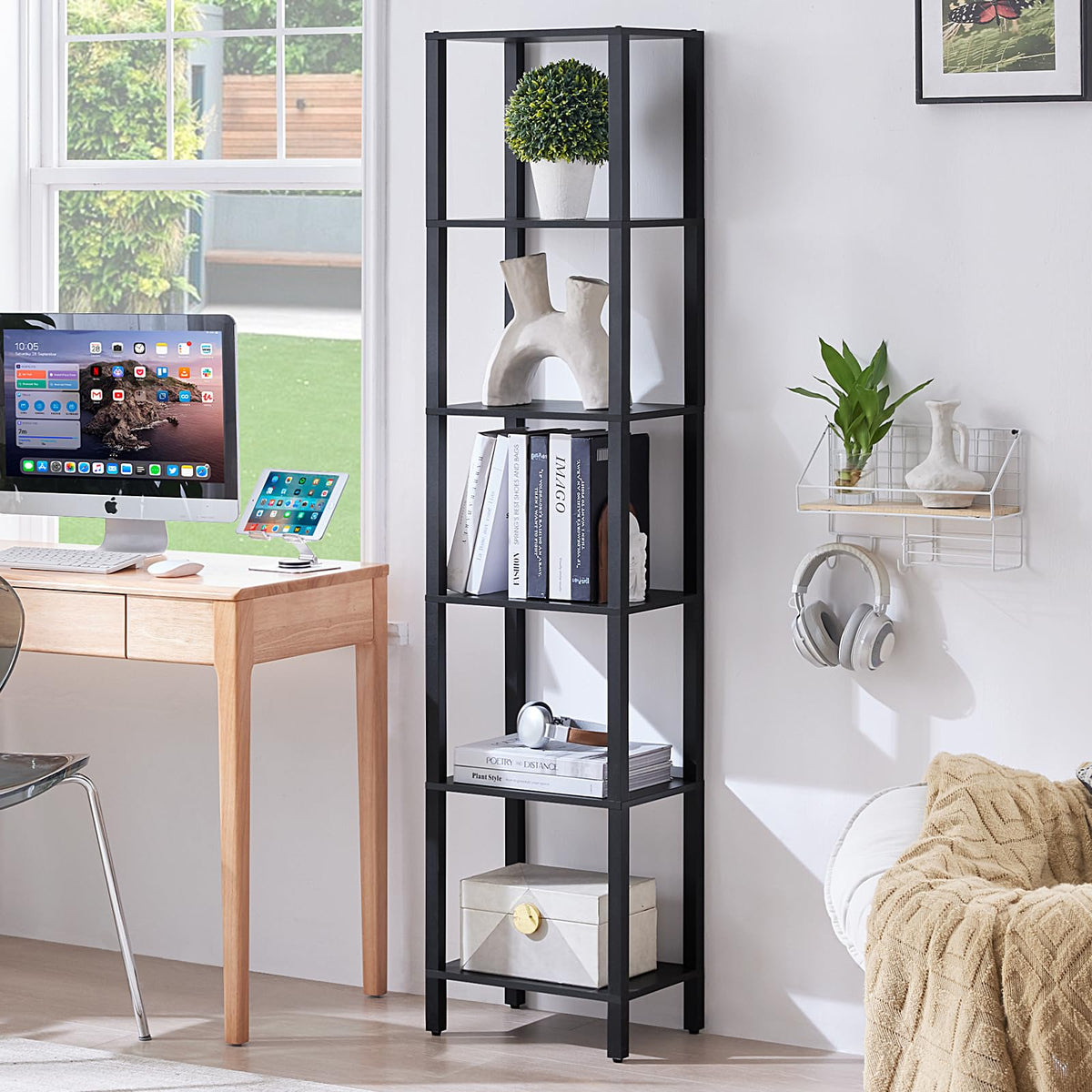 6 Tier Tall Skinny Black Bookshelf C9574