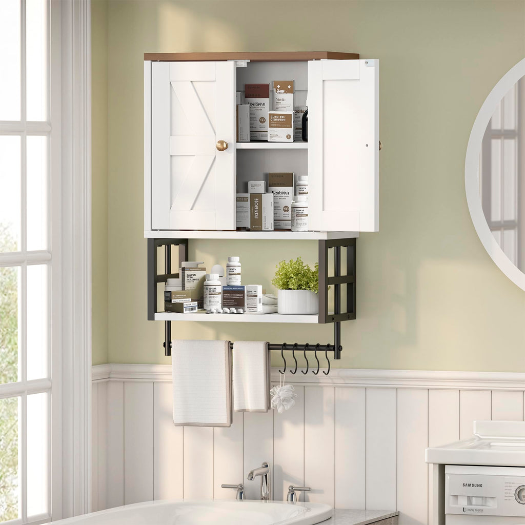 White Bathroom Wall Cabinet with Towel Bar L178