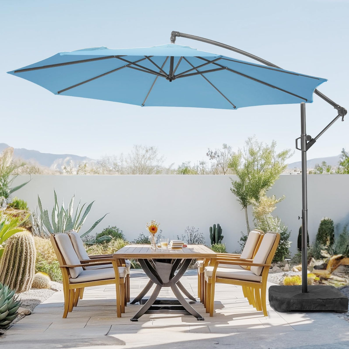 10ft Blue Offset Cantilever Patio Umbrella with Base Y82830