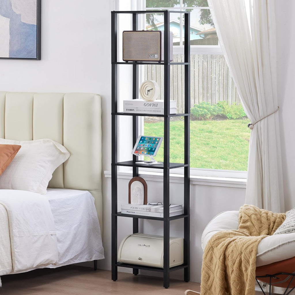 6 Tier Tall Skinny Black Bookshelf C9574