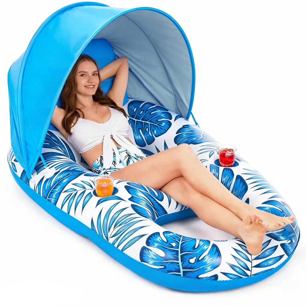 Inflatable Pool Float Lounger with Canopy and Cup Holders T62797
