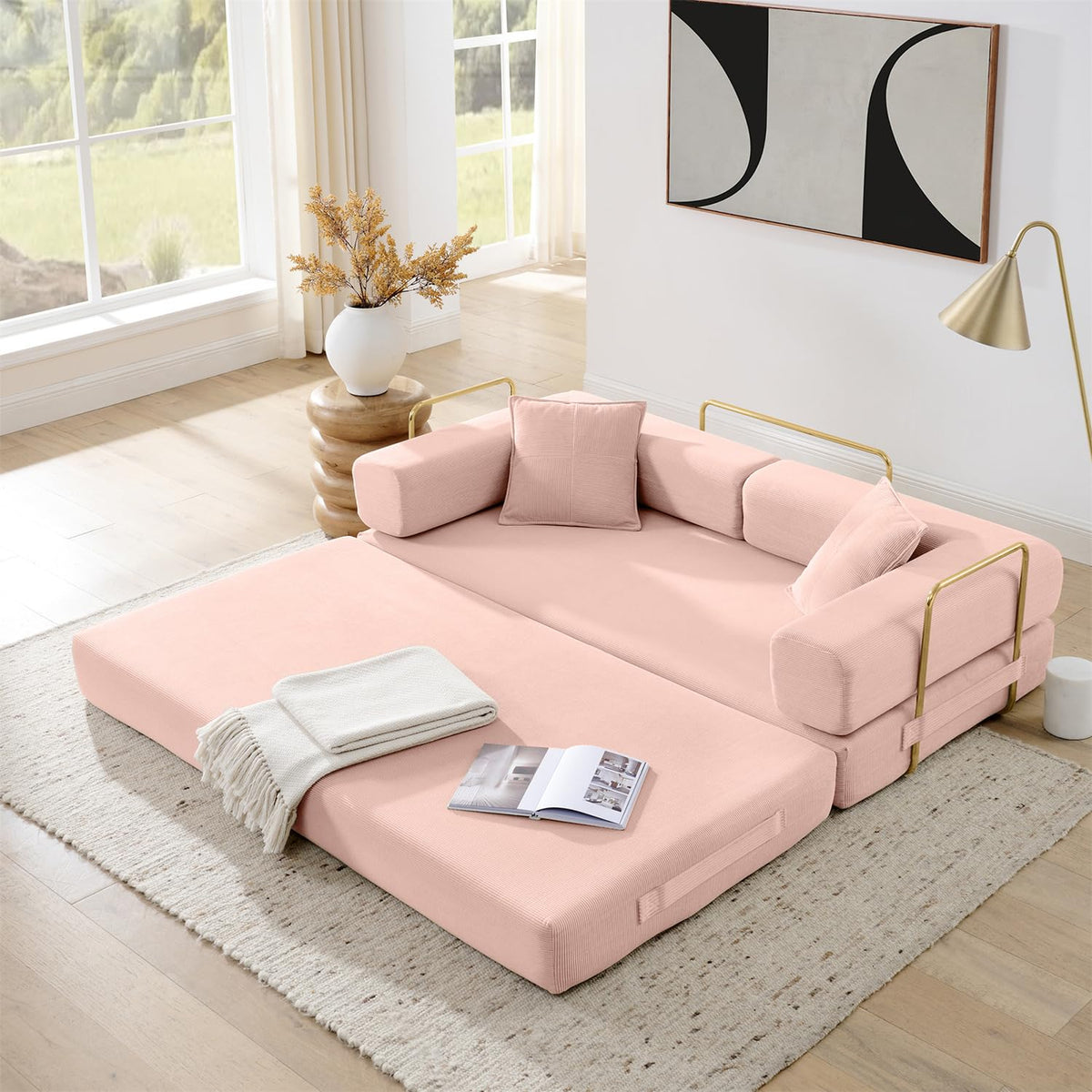 Pink Corduroy Convertible Sofa Bed M257579