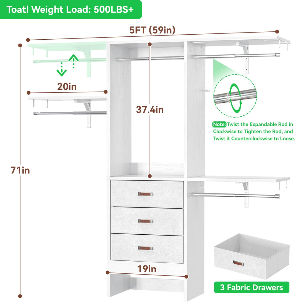 5FT Closet System with 3 Fabric Drawers S3318