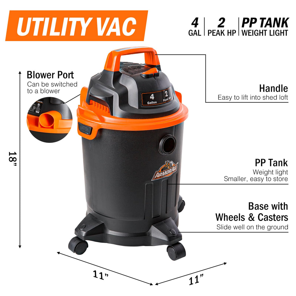 4 Gallon Wet/Dry Vac 2.0 Peak HP Shop Vacuum with Nozzles & Brush G8102