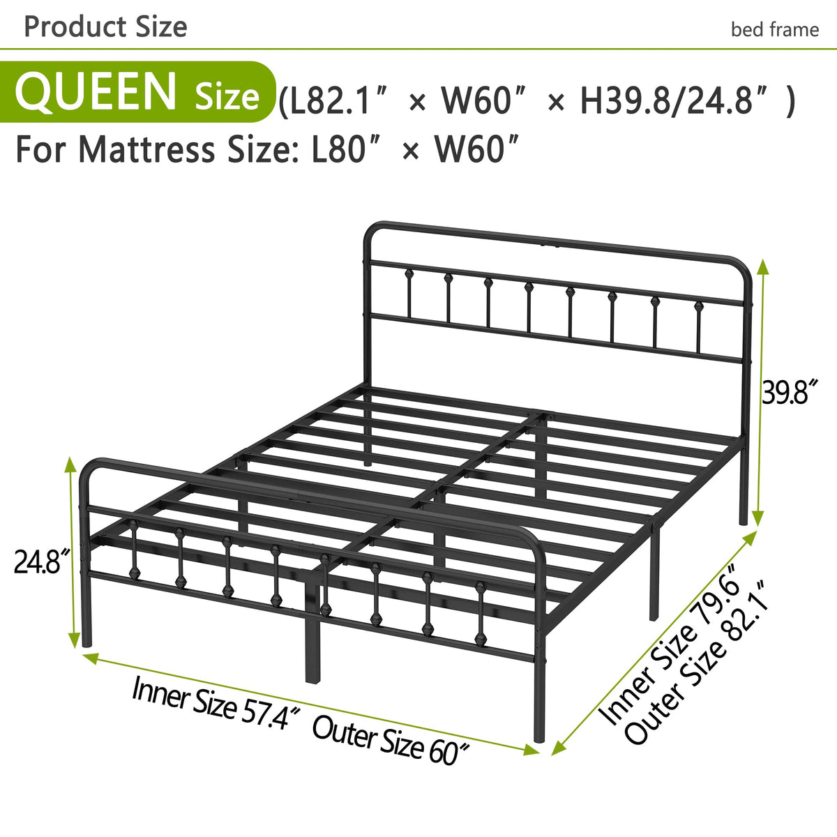 Queen Size Black Metal Bed Frame B337
