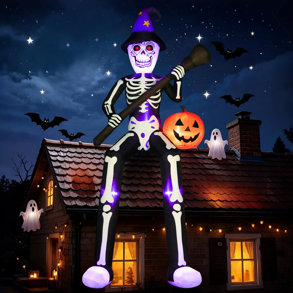 12 FT Halloween Inflatable Skeleton Wizard with Broom & Pumpkin D544553