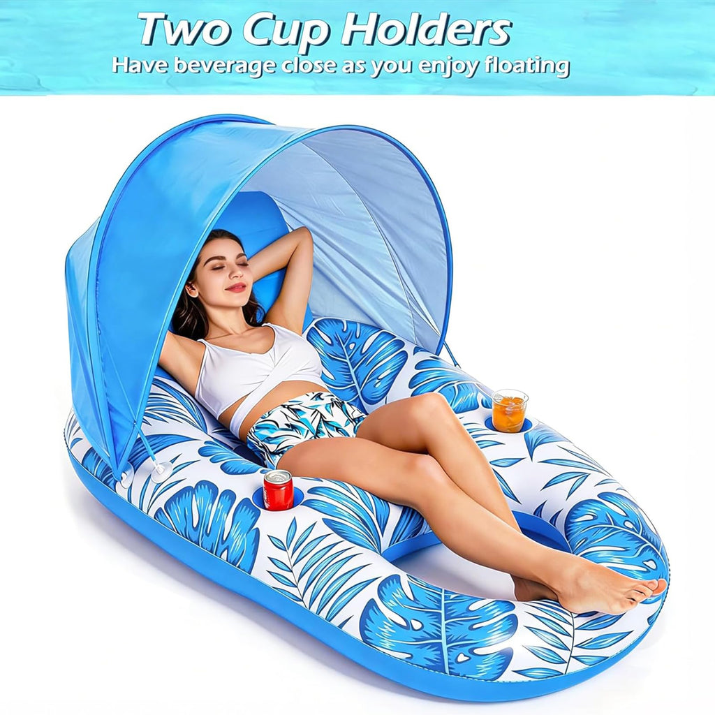 Inflatable Pool Float Lounger with Canopy and Cup Holders T62797