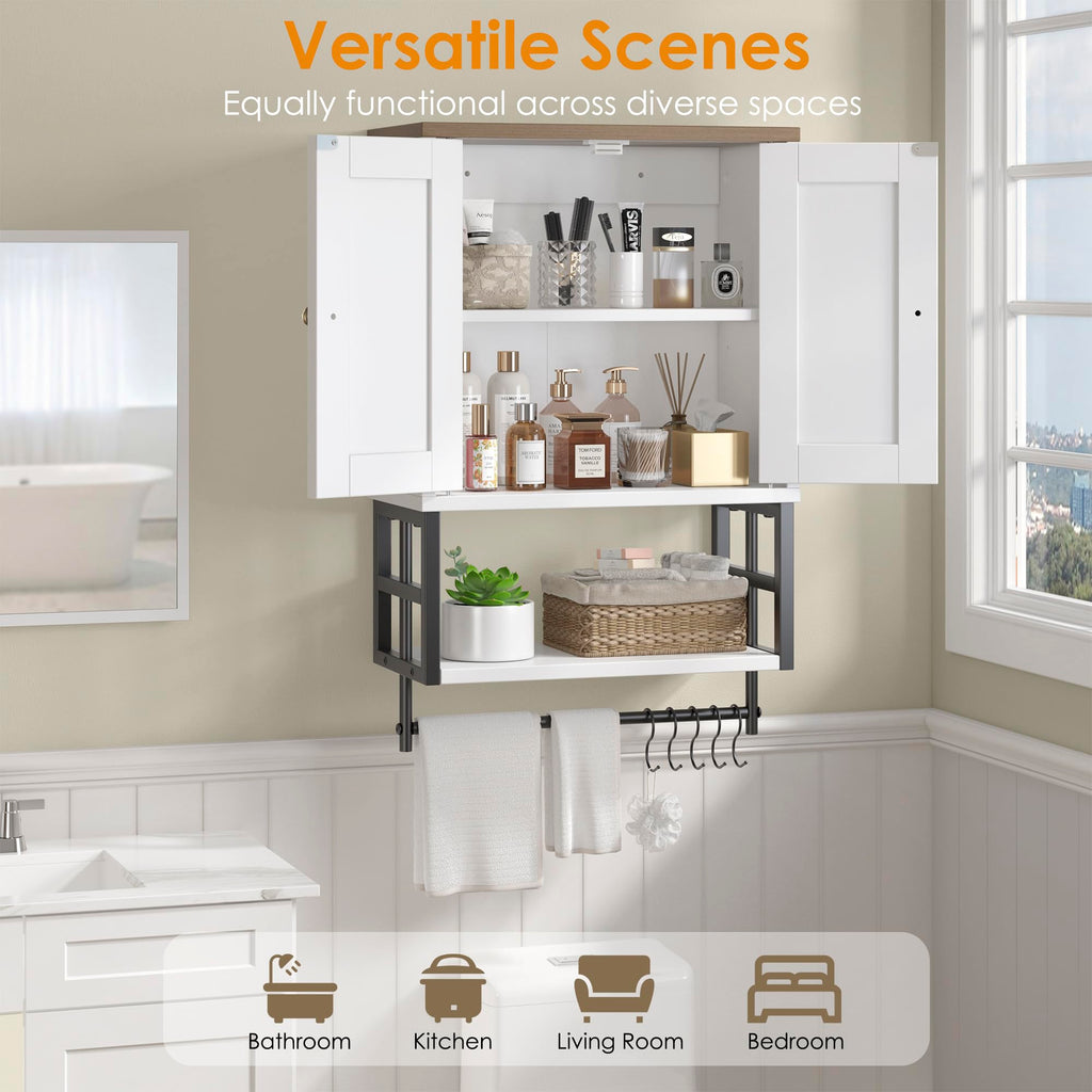 White Bathroom Wall Cabinet with Towel Bar L178