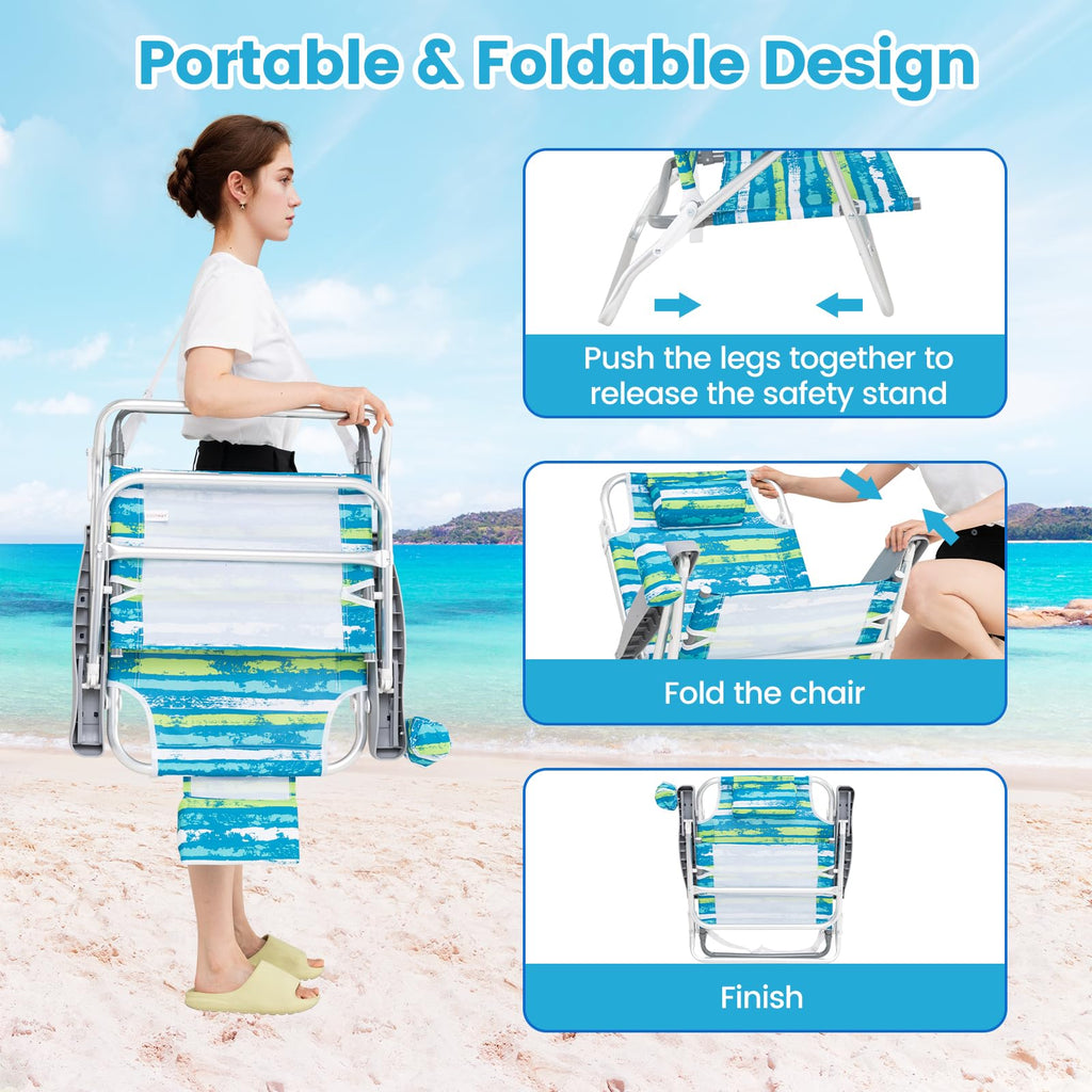 2Pcs Folding Camping Chair with Adjustable Backrest, Cup Holder & Headrest, Green U1560