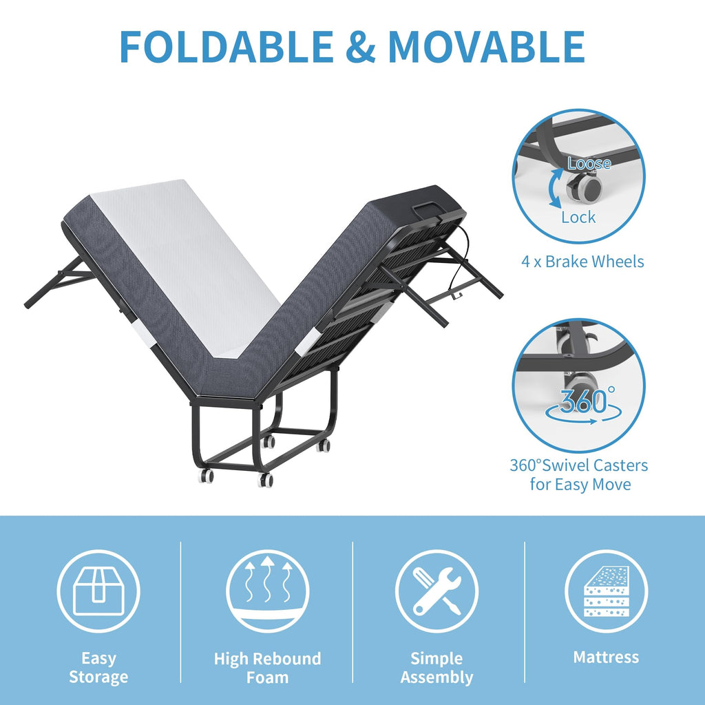 Folding Bed with Mattress, Twin Size Metal Bed Frame with Wheels H547043