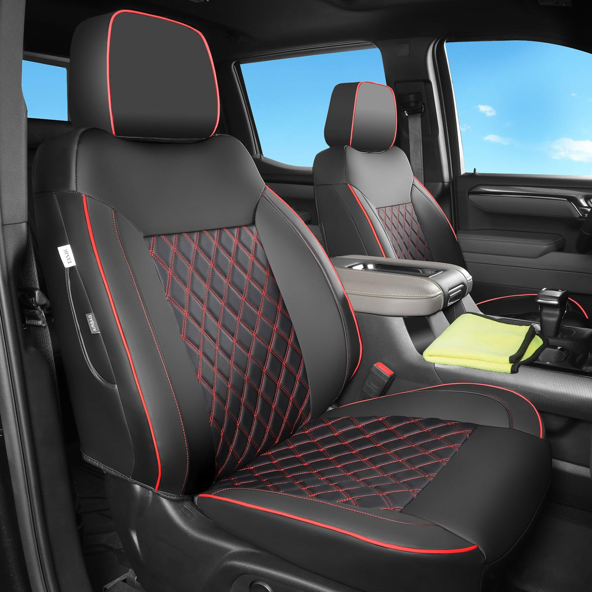 Faux Leather Seat Covers Full Set Black with Red Trim L69060