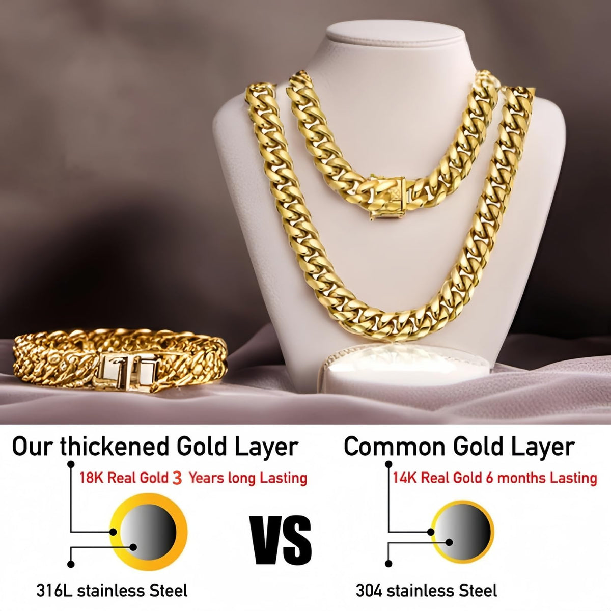 15mm 18k Gold Stainless Steel Cuban Link Chain E767687