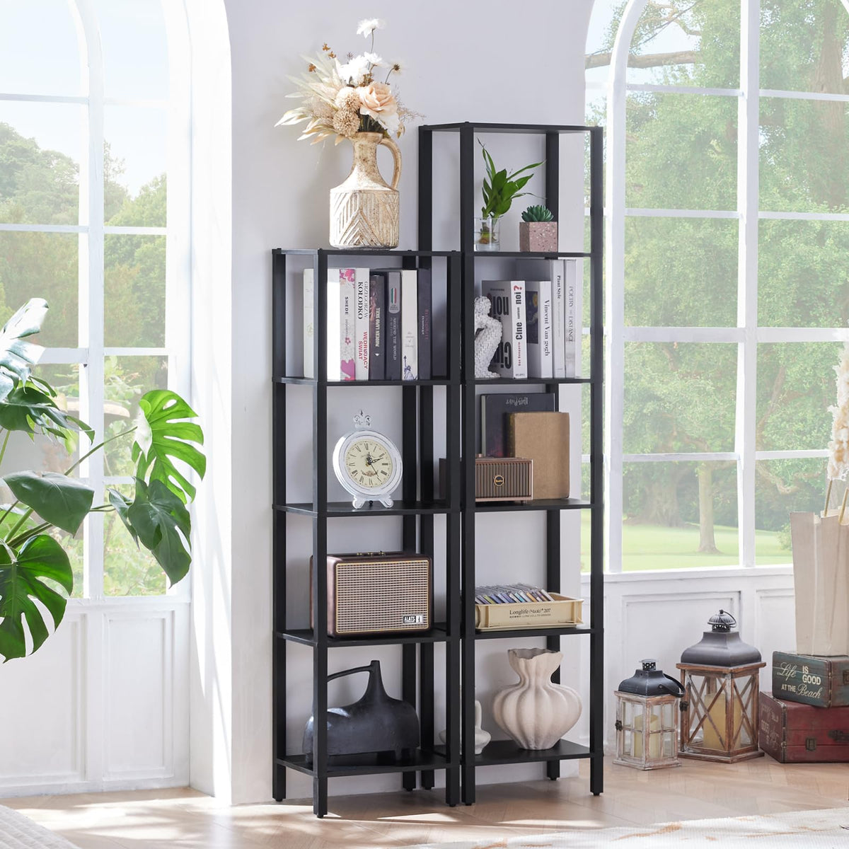 6 Tier Tall Skinny Black Bookshelf C9574