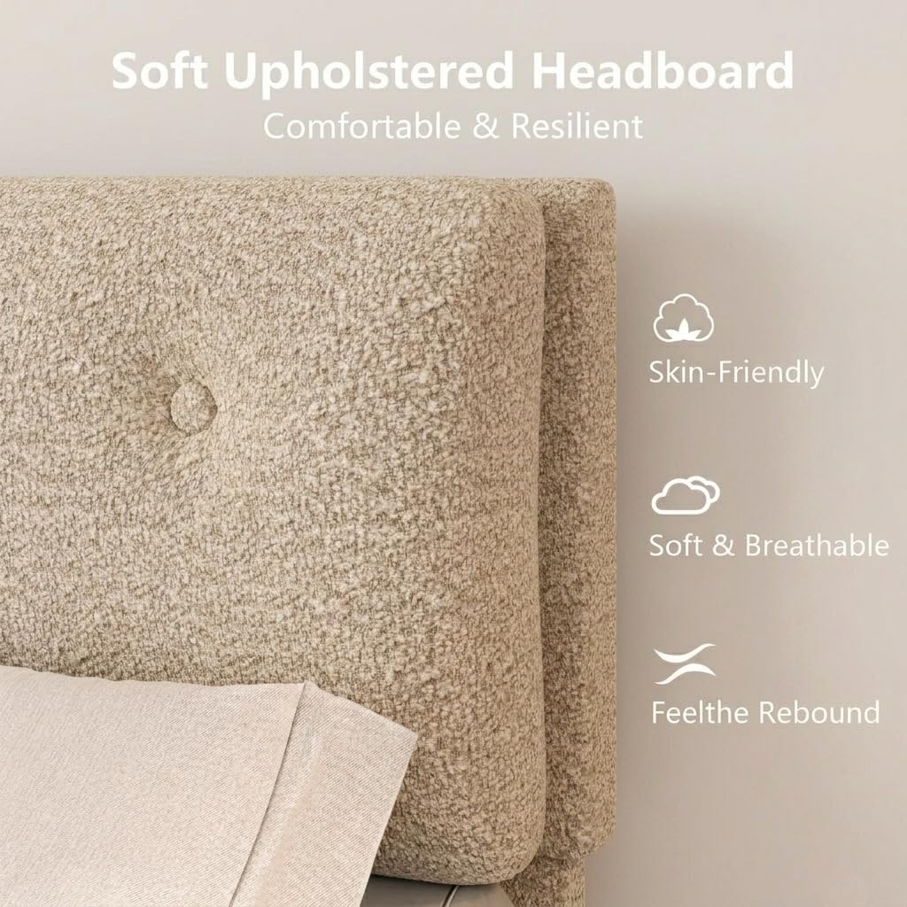 Queen Size Beige Boucle Upholstered Bed Frame with Headboard F569