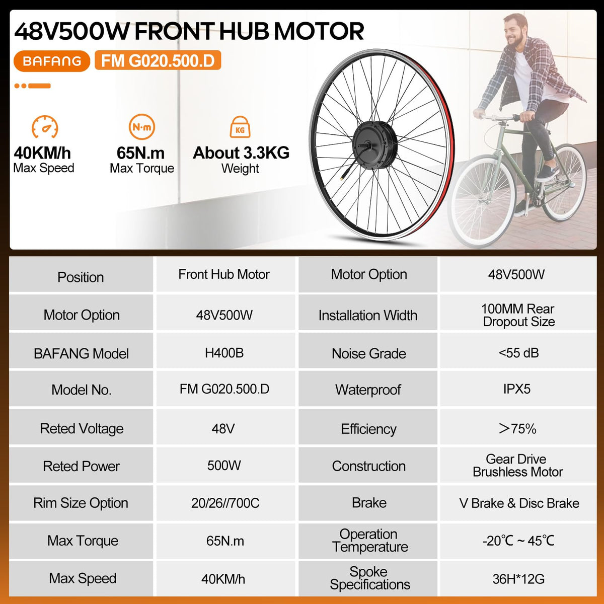 48V 500W Front Hub Motor Conversion Kit E3291
