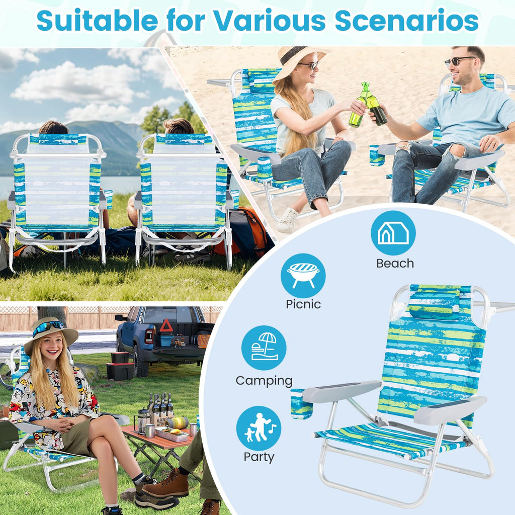 2Pcs Folding Camping Chair with Adjustable Backrest, Cup Holder & Headrest, Green U1560