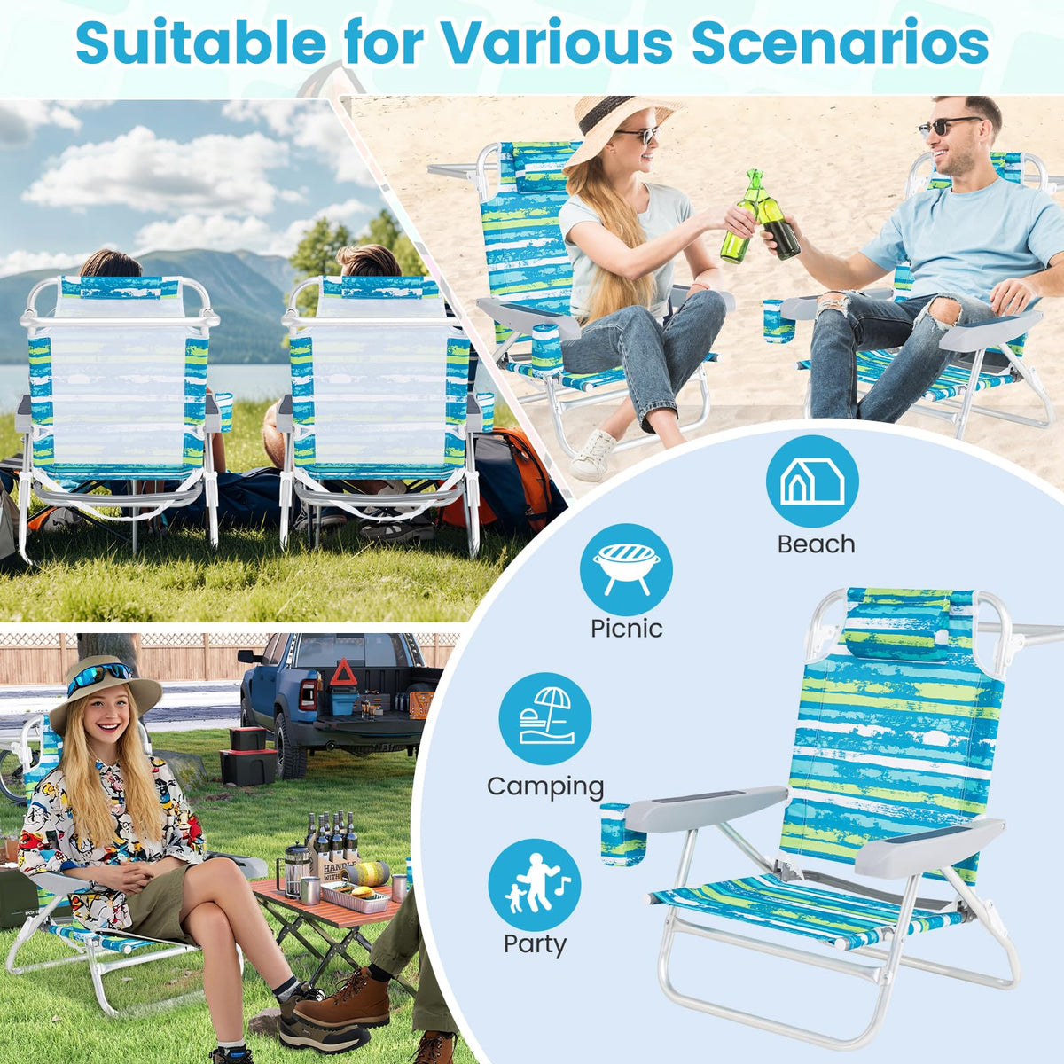 2Pcs Folding Camping Chair with Adjustable Backrest, Cup Holder & Headrest, Green U1560