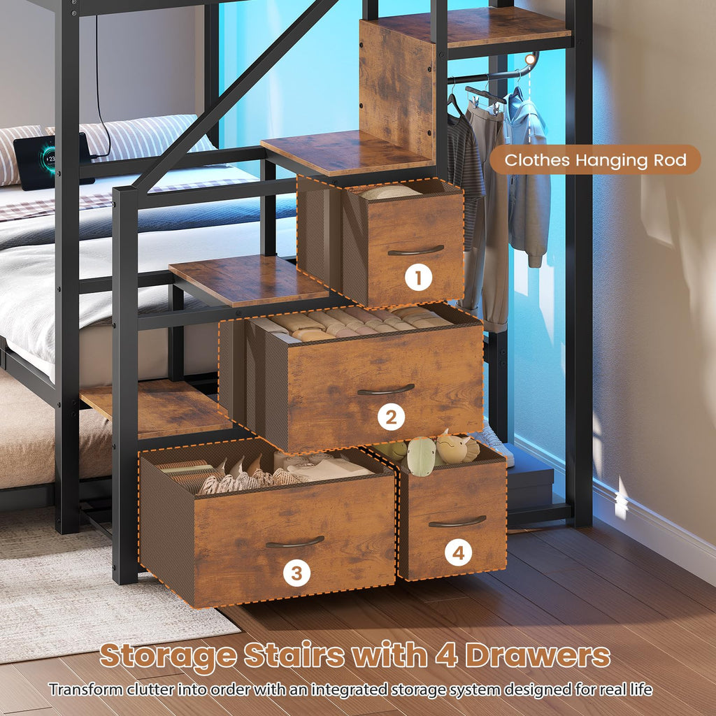 Twin Over Twin Metal Bunk Bed with Trundle and Staircase, Black X23144