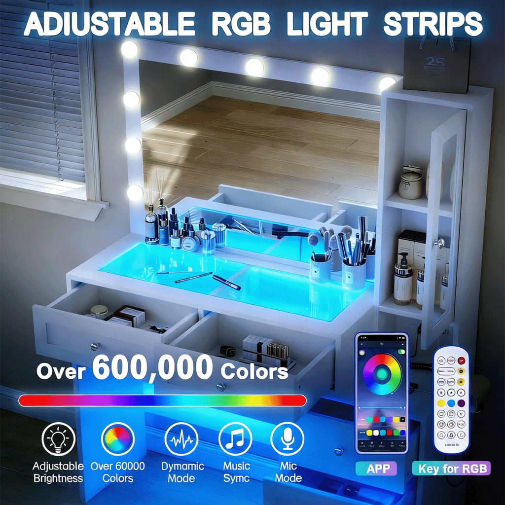 White Vanity Desk with LED Lights Mirror and 5 Storage Drawers F2542