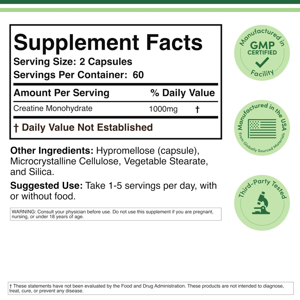 Creatine Monohydrate Capsules 1,000mg Vegan 120 Capsules H2049