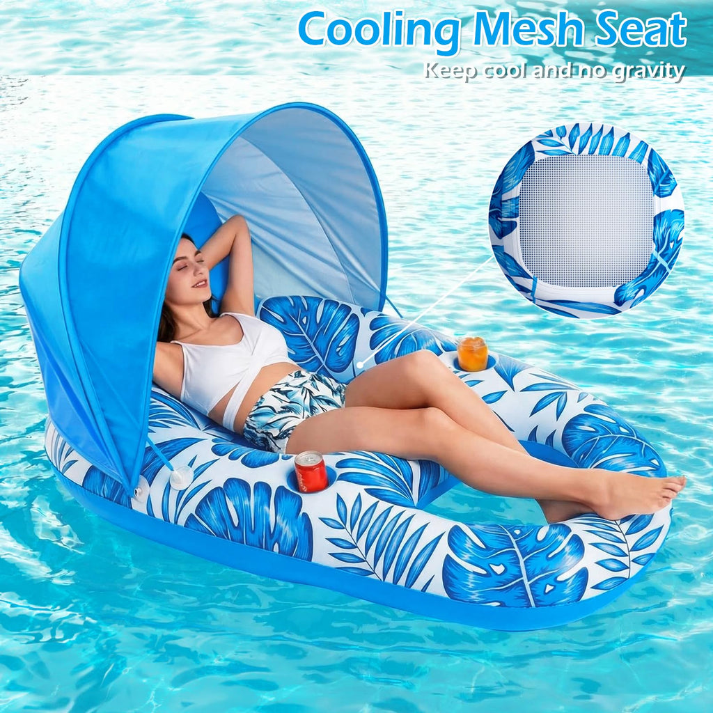 Inflatable Pool Float Lounger with Canopy and Cup Holders T62797
