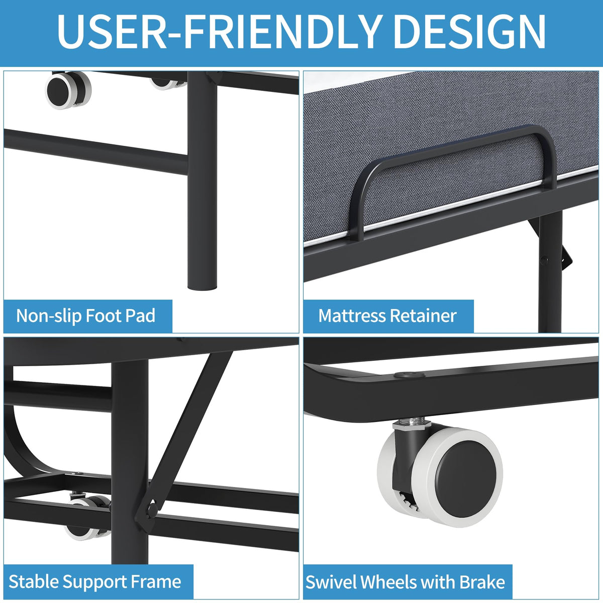 Folding Bed with Mattress, Twin Size Metal Bed Frame with Wheels H547043