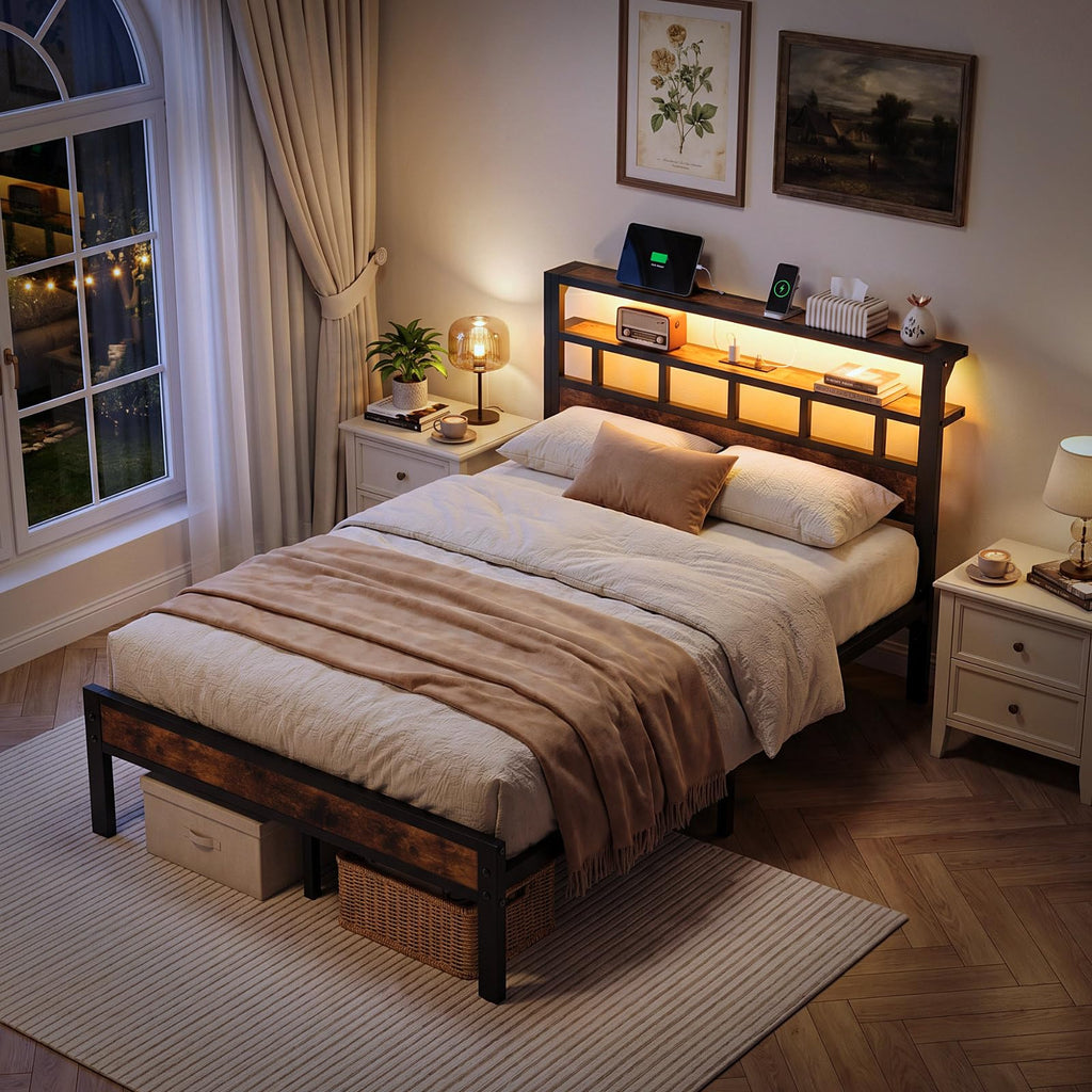 Metal Platform Bed with Charging Station and LED B21553
