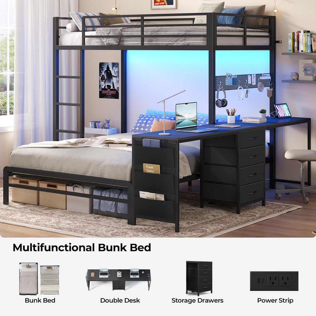 Black Twin Over Full Bunk Bed with Desk and Storage Drawers V420