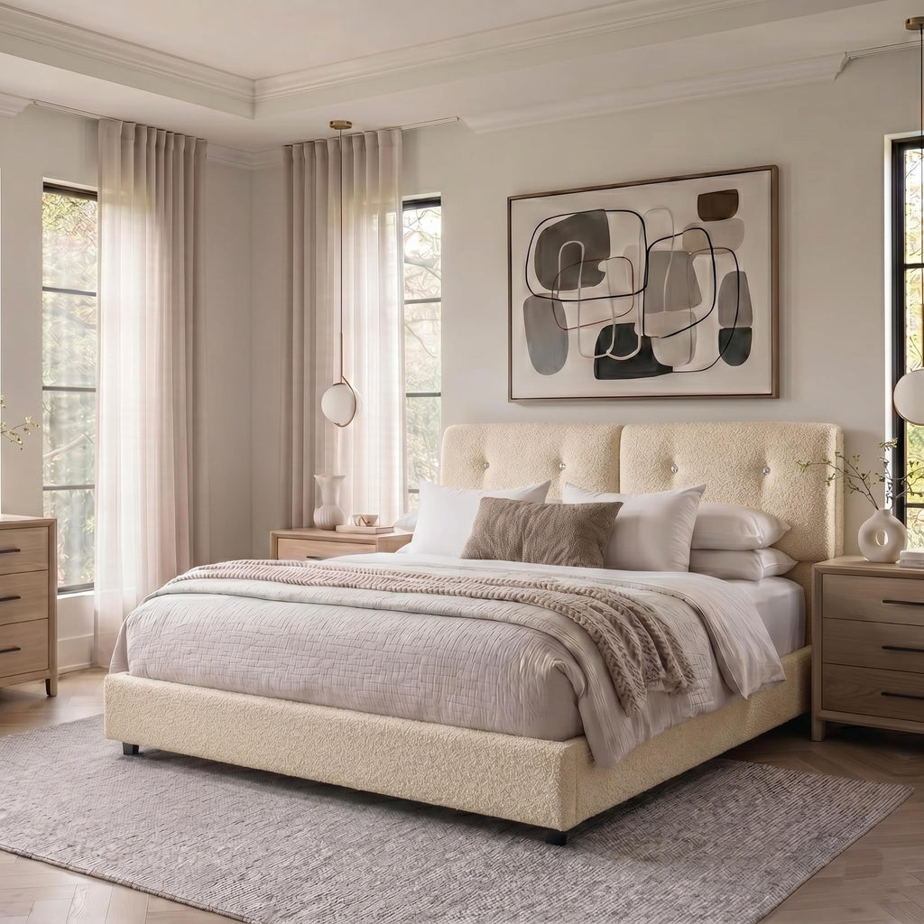 Queen Size Beige Boucle Upholstered Bed Frame with Headboard F569