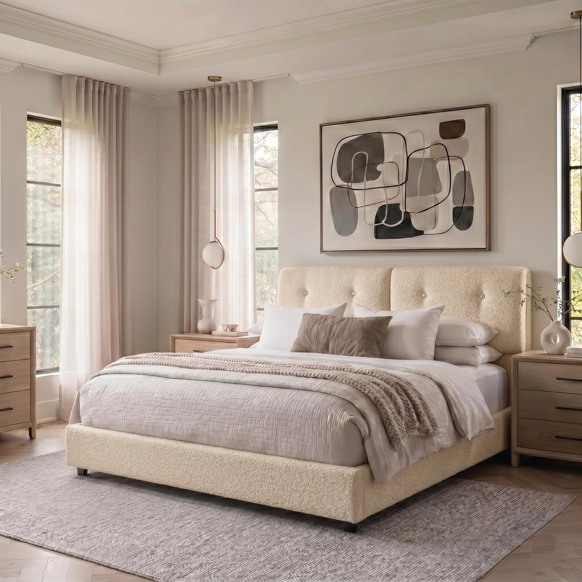 Queen Size Beige Boucle Upholstered Bed Frame with Headboard F569