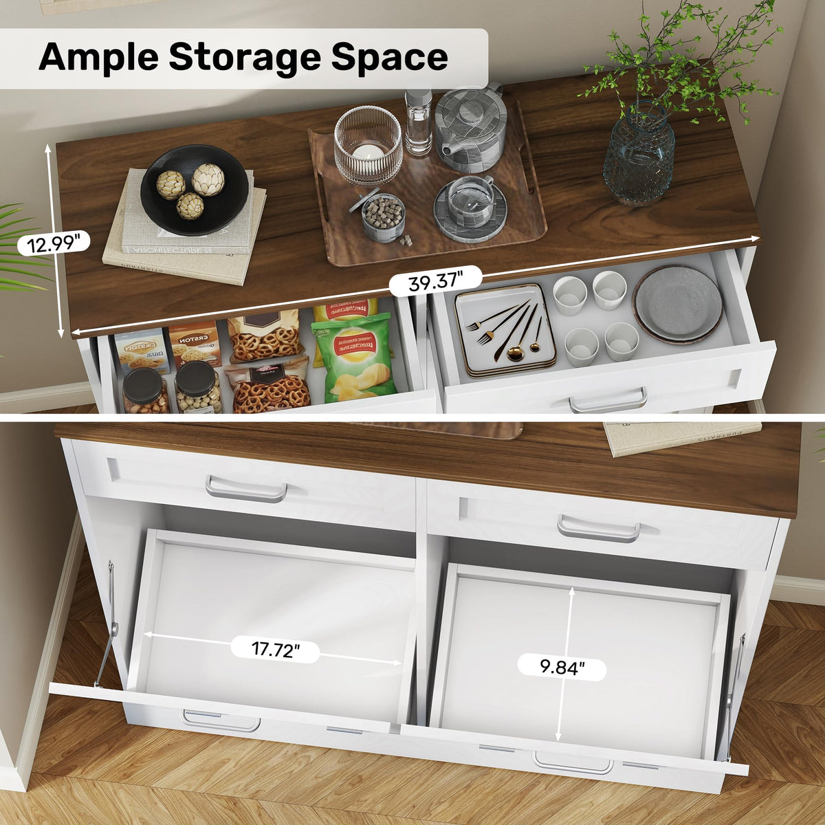 2 x 10 Gallons Double Tilt Out Wooden Trash Can Cabinet with Storage Drawers R341