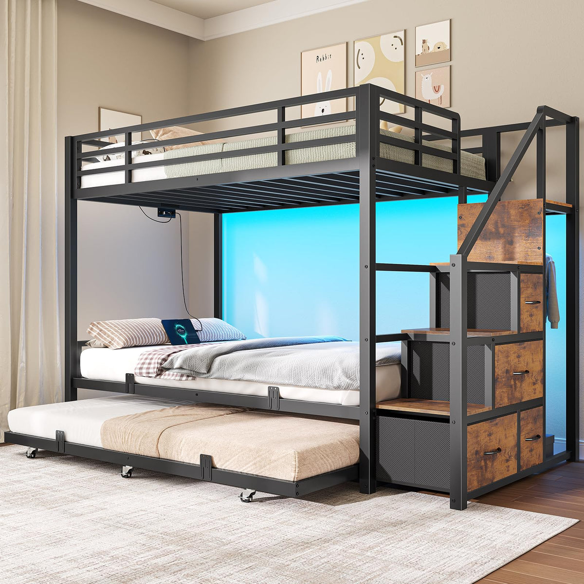 Twin Over Twin Metal Bunk Bed with Trundle and Staircase, Black X23144
