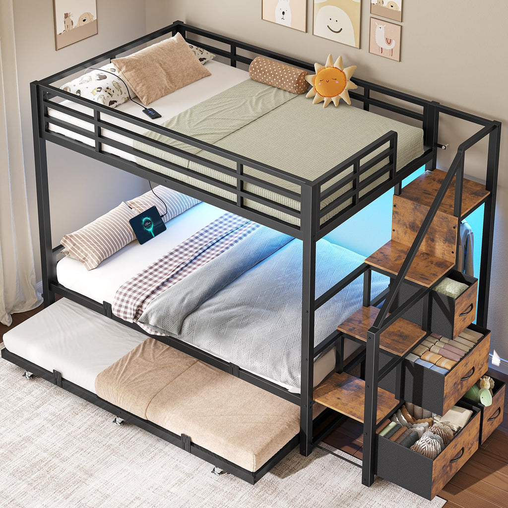 Twin Over Twin Metal Bunk Bed with Trundle and Staircase, Black X23144