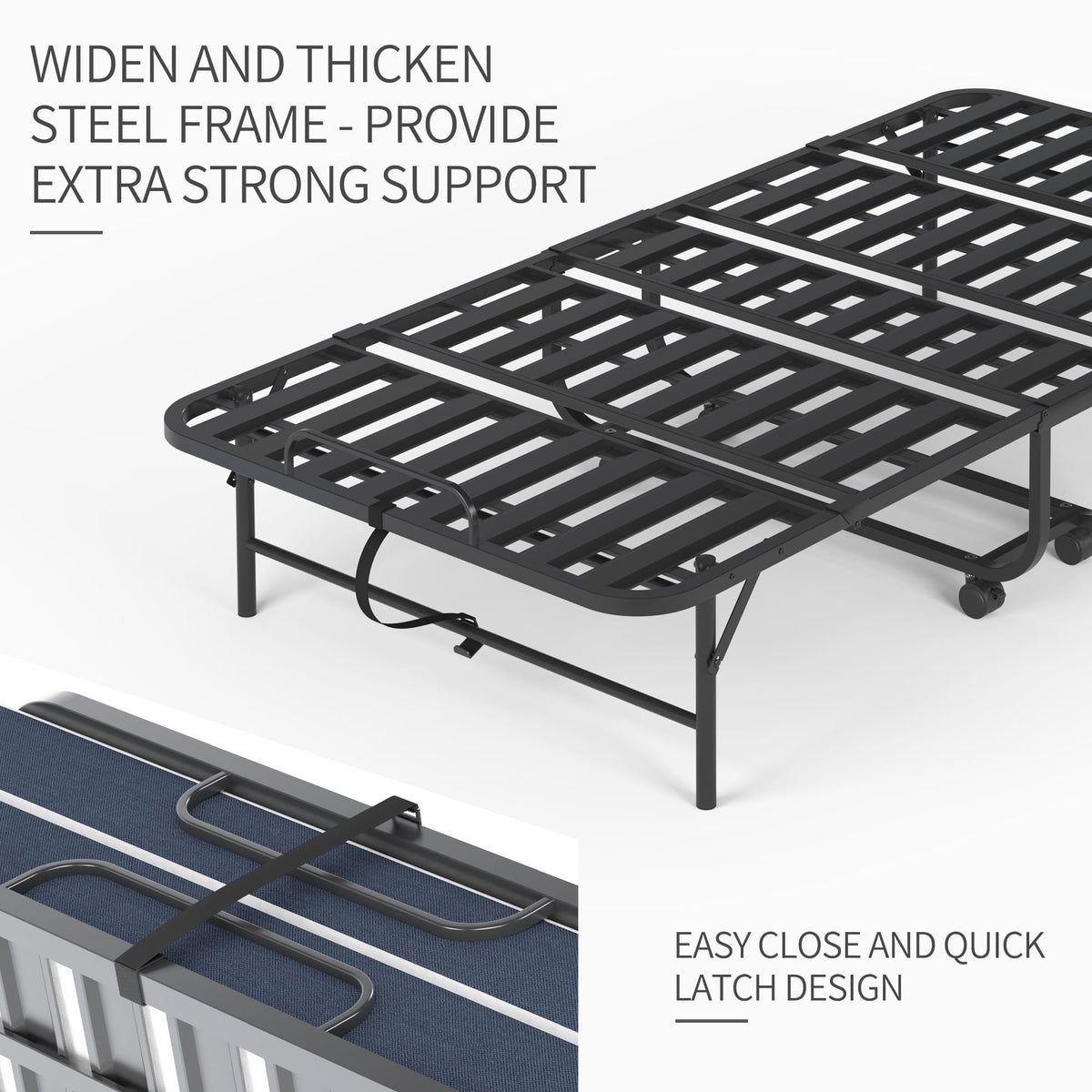 Folding Bed with Mattress, Twin Size Metal Bed Frame with Wheels H547043
