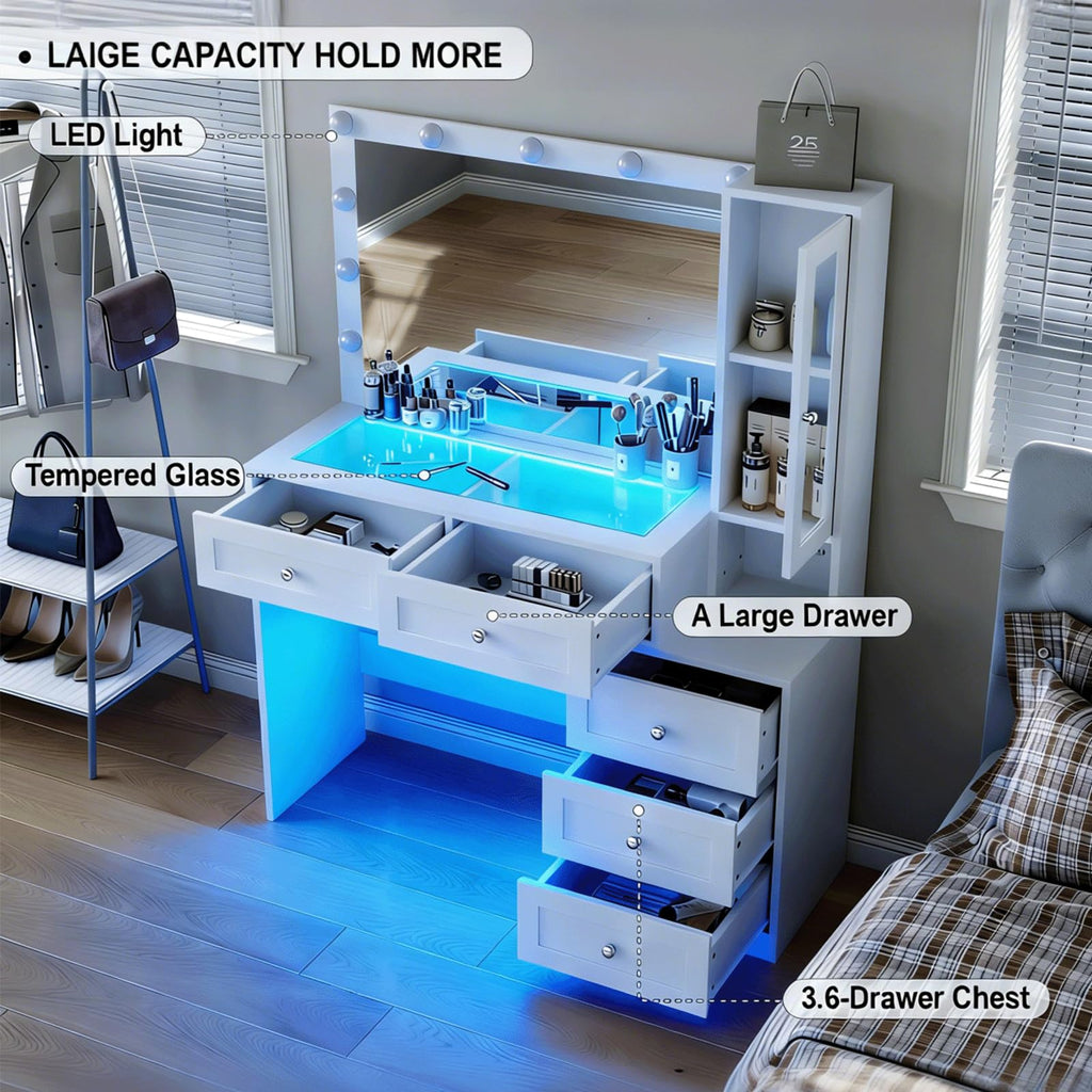 White Vanity Desk with LED Lights Mirror and 5 Storage Drawers F2542