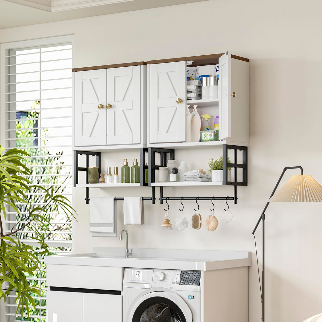 White Bathroom Wall Cabinet with Towel Bar L178
