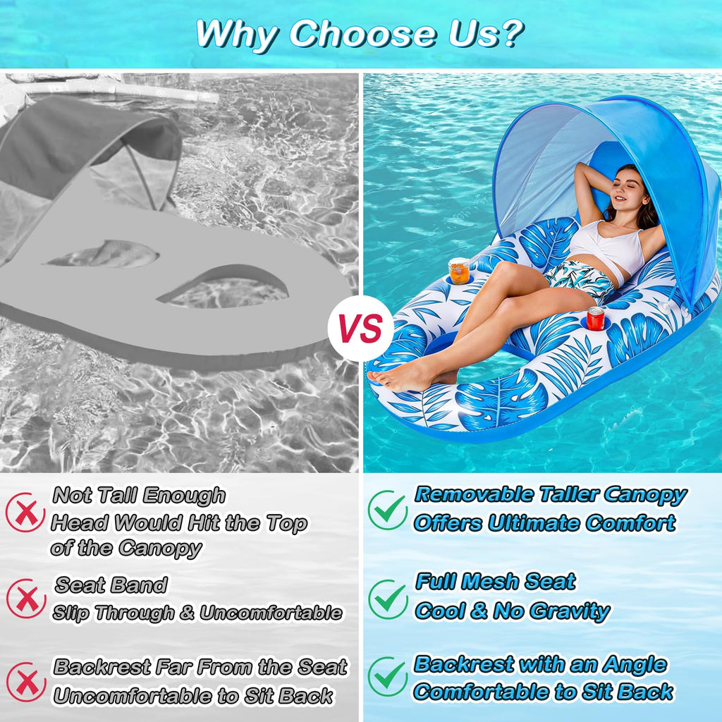Inflatable Pool Float Lounger with Canopy and Cup Holders T62797