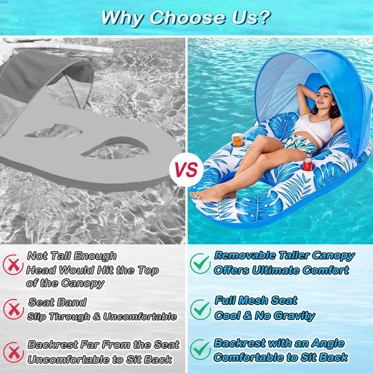Inflatable Pool Float Lounger with Canopy and Cup Holders T62797