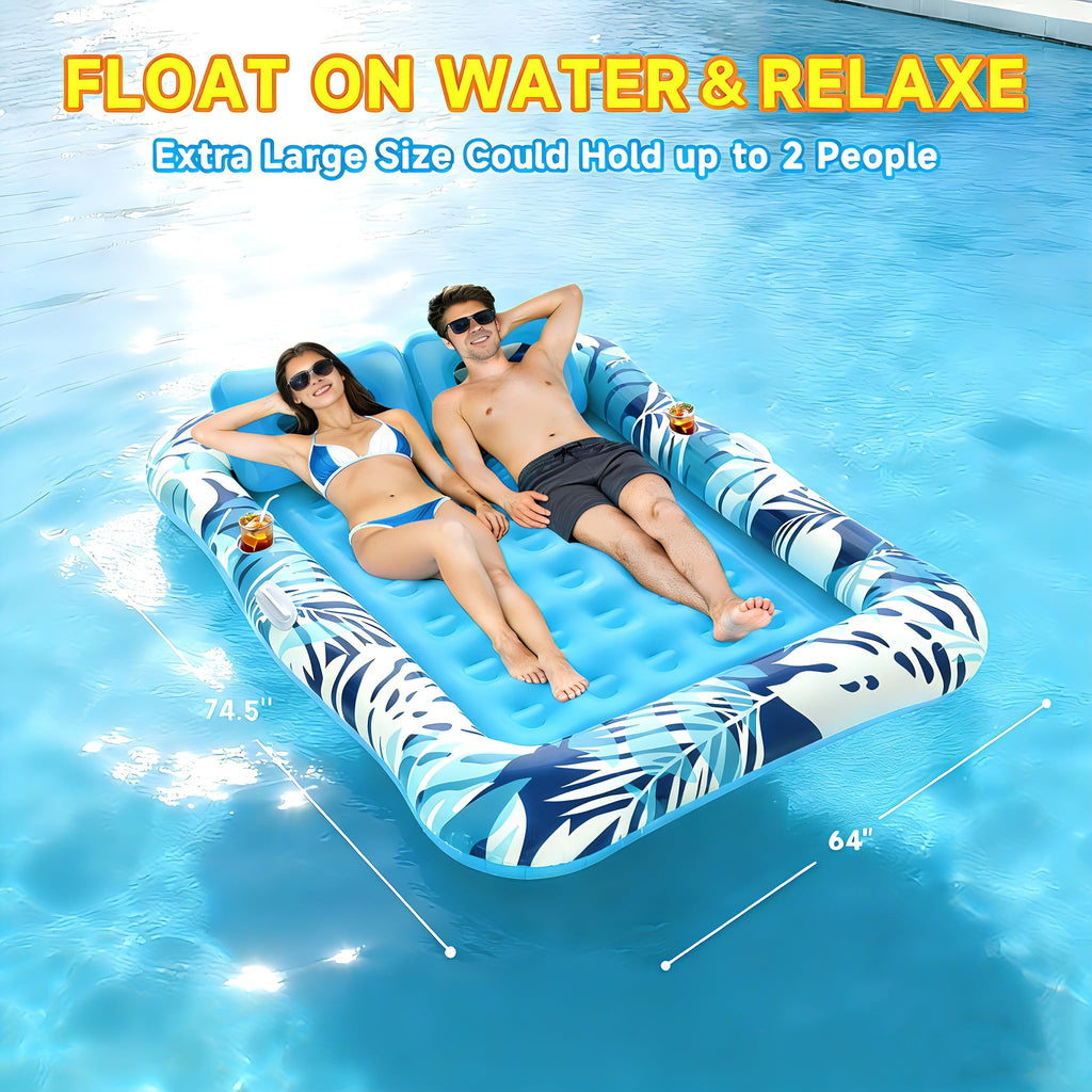 75"x64" XXL Inflatable Tanning Pool Lounger Float with Pillow Blue Z68812