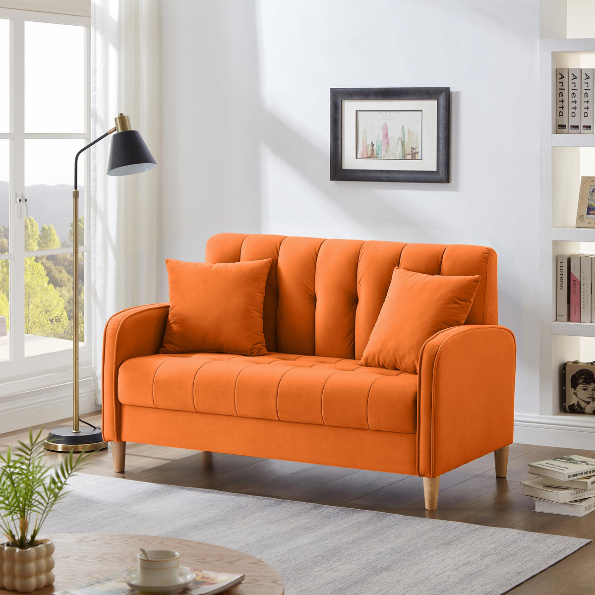 Orange Velvet Tufted Loveseat Sofa U9370