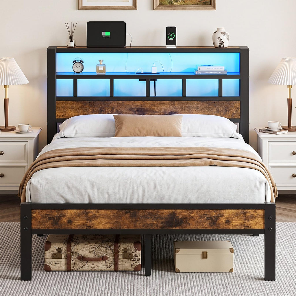 Metal Platform Bed with Charging Station and LED B21553