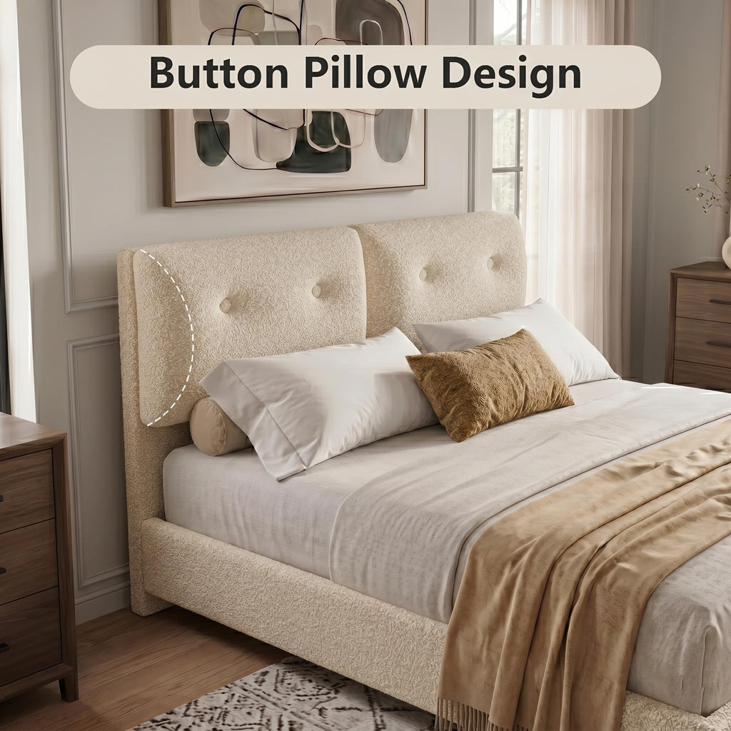 Queen Size Beige Boucle Upholstered Bed Frame with Headboard F569