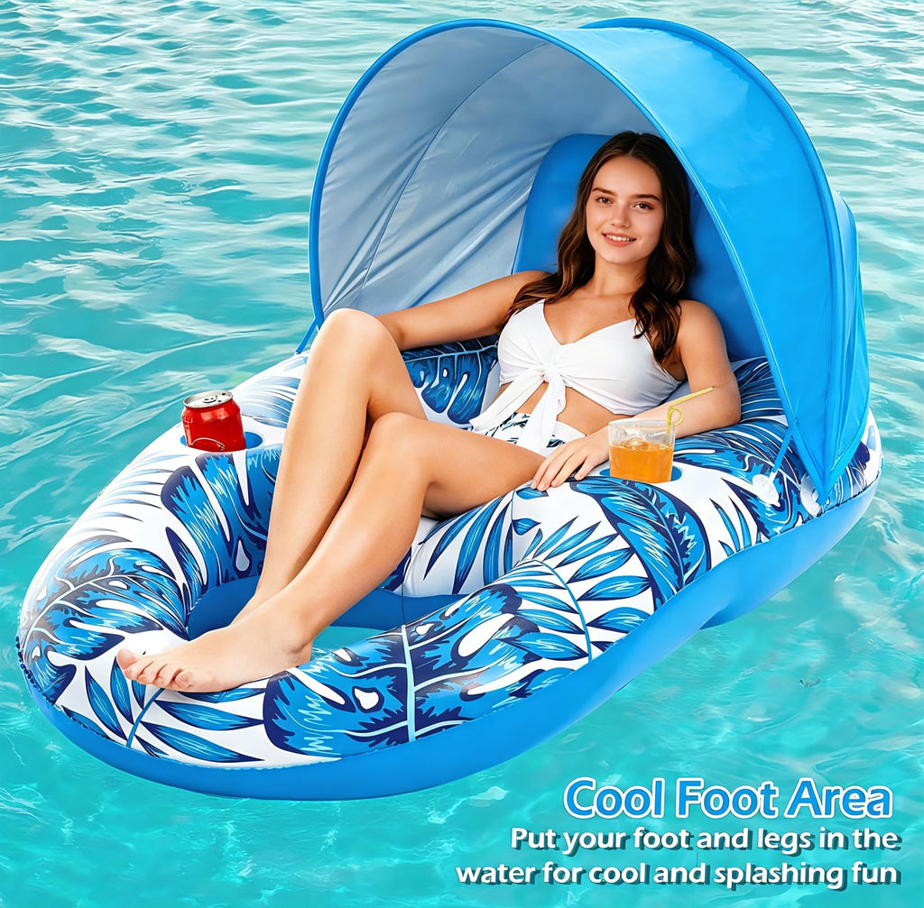 Inflatable Pool Float Lounger with Canopy and Cup Holders T62797