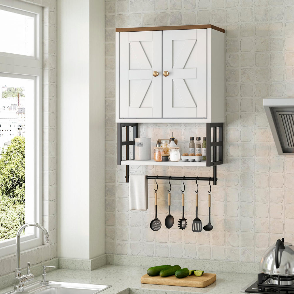 White Bathroom Wall Cabinet with Towel Bar L178