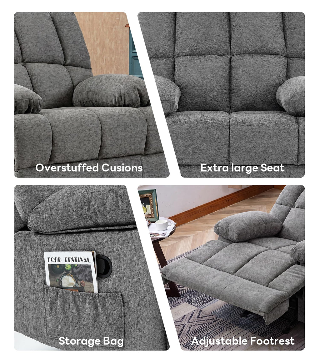 41" Oversized Chenille Rocker Recliner Chair Grey 350 LBS Capacity G194