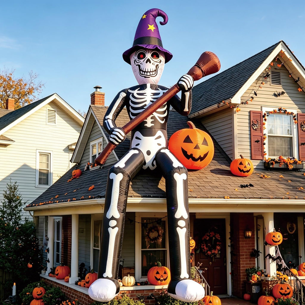 12 FT Halloween Inflatable Skeleton Wizard with Broom & Pumpkin D544553