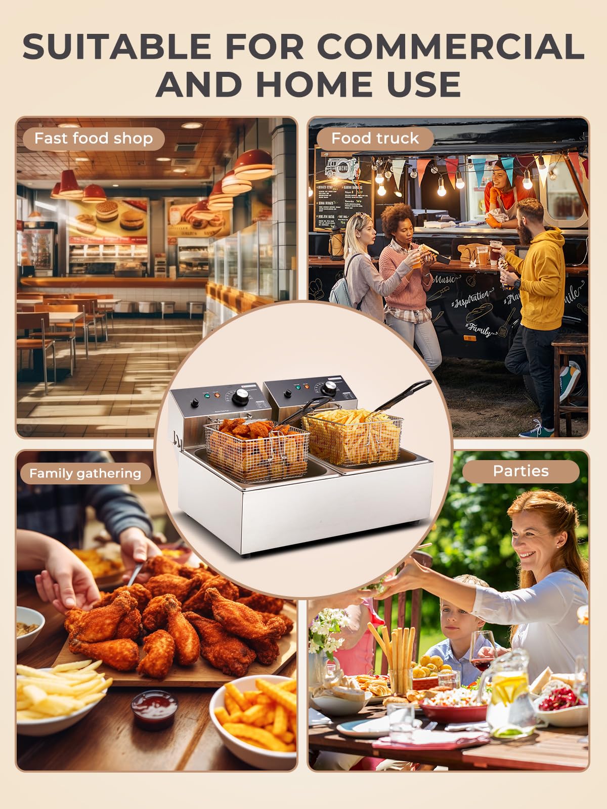 3400W 20.7QT Stainless Steel Electric Deep Fryer with 2 Removable Baskets C304254