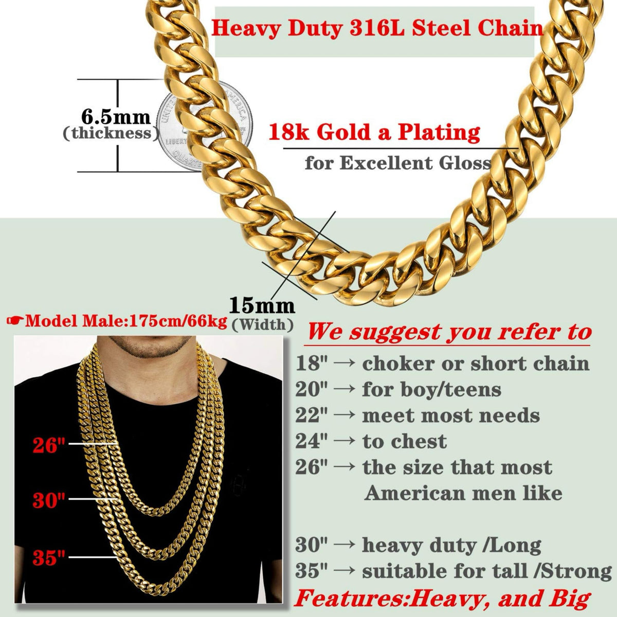 15mm 18k Gold Stainless Steel Cuban Link Chain E767687